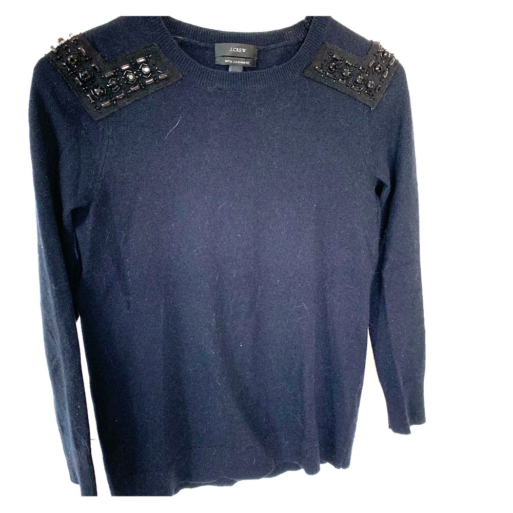 J Crew Wool and Cashmere Jeweled Navy Sweater